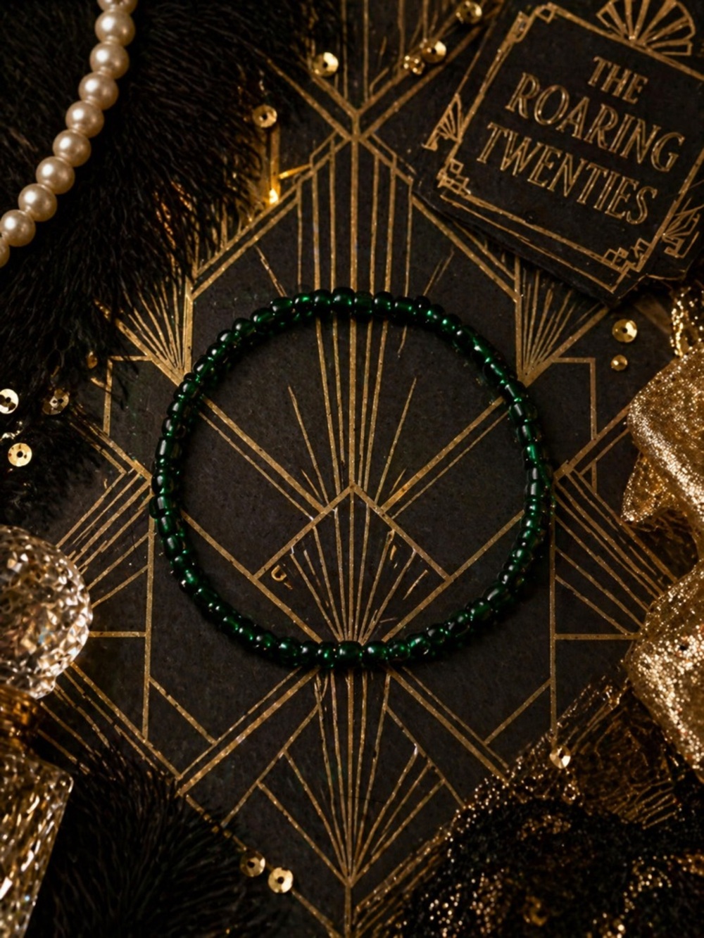Emerald Pearl Beaded Bracelet Set | Vintage Glam Art Deco Inspired Duo 9” - Picture 3 of 5